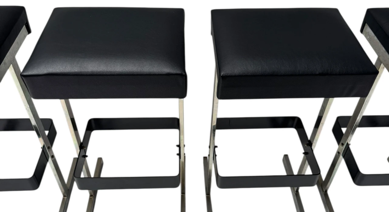 Four Mid-Century Modern Bar Stools with Black Leather Seats, 1970s